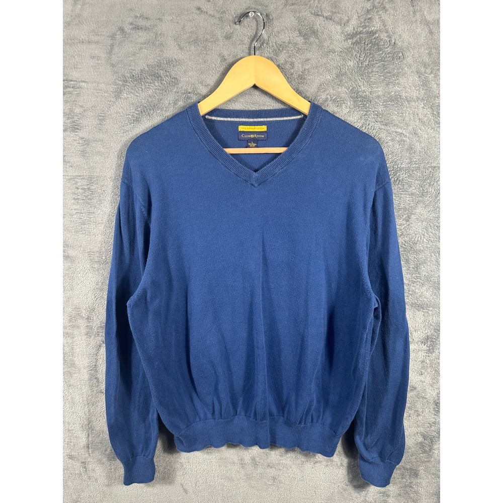 Club Room Mens Blue Supima Cotton V-Neck Sweater Size Large Long Sleeve Knit
